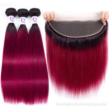 Cheap 1B Burgundy Straight Brazilian Hair Weave Bundles With Frontal Closure